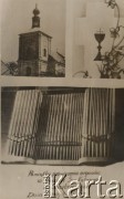 6.05.1956, Szczebrzeszyn, woj. lubelskie, Polska.
Pamiątkowa fotografia z uroczystości poświęcenia organów w Kościele Św. Katarzyny: wieża kościelna, organy oraz pamiątkowy napis. 
Fot. NN, zbiory Ośrodka KARTA.