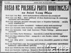 20.04.1945, Katowice, Śląsk, Polska.
Hasła KC Polskiej Partii Robotniczej na dzień 1 Maja.
Fot. Kazimierz Seko, zbiory Ośrodka KARTA
 
