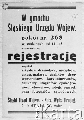 1945, Katowice, Śląsk, Polska.
Informacja o rejestracji artystów mieszkających w Katowicach podpisana przez Naczelnika Wydziału Propagandy.
Fot. Kazimierz Seko, zbiory Ośrodka KARTA
 
