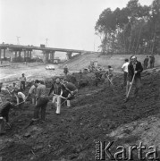 1977, Katowice, Polska.
Budowa węzła murckowskiego, pracownicy katowickich zakładów pracy porządkujący nasyp drogi podczas czynu partyjnego.
Fot. Kazimierz Seko, zbiory Ośrodka KARTA