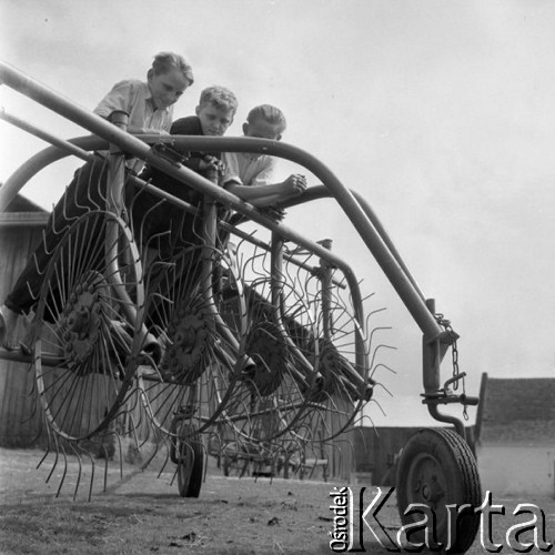 lata 60-te, Kozłowa Góra k/Piekar Śląskich, Polska.
Trzej chłopcy na zgrabiarce do siana.
Fot. Kazimierz Seko, zbiory Ośrodka KARTA.