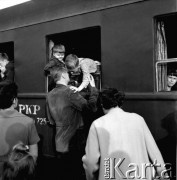 Lipiec 1969, Warszawa, Polska.
Peron dworca kolejowego, pociąg kolonijny wiozący dzieci na wakacje, pożegnanie z rodzicami.
Fot. Jarosław Tarań, zbiory Ośrodka KARTA [69-105]
 
