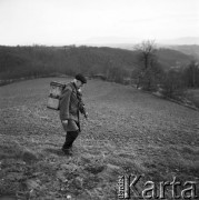 Październik 1970, Świątniki Górne, Polska
 Mężczyzna z drewnianą skrzynką na plecach idący przez zaorane pole.
 Fot. Jarosław Tarań, zbiory Ośrodka KARTA [70-233]
   
