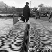 1971, Warszawa, Polska.
 Fragment ulicy, na pierwszym planie dwie ławki.
 Fot. Jarosław Tarań, zbiory Ośrodka KARTA [71-180]
   
