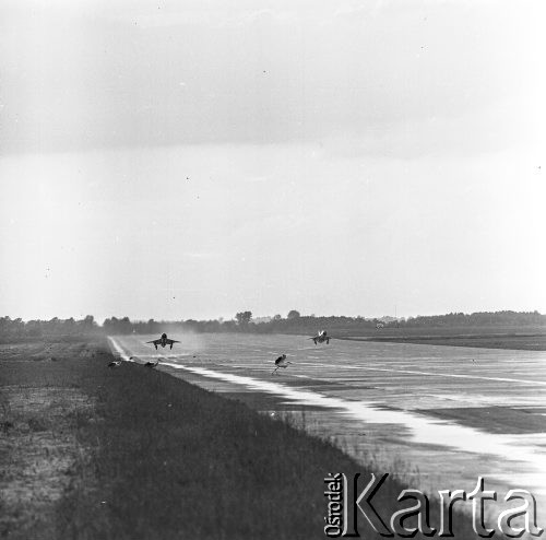 16.06.1972, Mińsk Mazowiecki, Polska
 Dwa startujące myśliwce i trzy bociany.
 Fot. Jarosław Tarań, zbiory Ośrodka KARTA [72-12]
   
