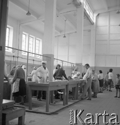 31.08.1975, Łomża, Polska
Hala targowa, dział mięsny, sprzedawcy i puste haki.
Fot. Jarosław Tarań, zbiory Ośrodka KARTA [75-163]
 
