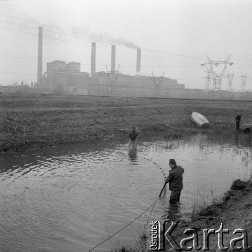 5.04.1976, Gosławice k/Konina, Polska
Państwowe Gospodarstwo Rybackie, odłowy ryb, w tle dymiące kominy fabryki.
Fot. Jarosław Tarań, zbiory Ośrodka KARTA [76-150]

