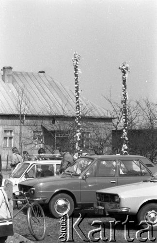 12.04.1981, Łyse, woj. Ostrołęka, Polska
Niedziela Palmowa na Kurpiach, wierni z palmami na parkingu między samochodami.
Fot. Jarosław Tarań, zbiory Ośrodka KARTA [81-12] 
