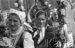 12.04.1981, Łyse, woj. Ostrołęka, Polska
Niedziela Palmowa na Kurpiach, kobiety w kurpiowskich strojach z palmami.
Fot. Jarosław Tarań, zbiory Ośrodka KARTA [81-11] 
