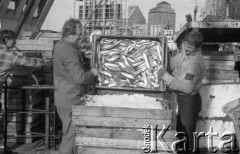 21-23.10.1985, Kołobrzeg, Polska
Port rybacki, rybacy wyładowujący złowione ryby.
Fot. Jarosław Tarań, zbiory Ośrodka KARTA [85-60]