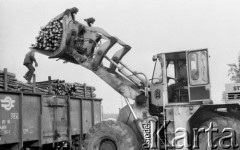 Kwiecień 1986, Starachowice, Polska.
Tartak i składnica drewna Nadleśnictwa Starachowice, załadunek drewna do wagonu towarowego.
Fot. Jarosław Tarań, zbiory Ośrodka KARTA, [86-39]