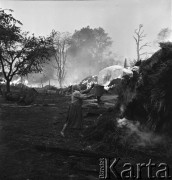 Październik 1968, Polska.
Mieszkanka wsi dogasza płonący stóg siana.
Fot. Jarosław Tarań, zbiory Ośrodka KARTA