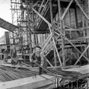 23.08.1968, Bzie Zameckie k./Jastrzębia-Zdroju, woj. katowickie, Polska
Budowa Fabryki Domów - zakładu produkującego płyty oraz elementy przestrzenne wykorzystywane przy budowie nowoczesnych bloków mieszkalnych. Mężczyzna pracuje nad zbrojeniem, na drugim planie mężczyzna z taczką, rusztowania.
Fot. Jarosław Tarań, zbiory Ośrodka KARTA