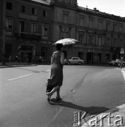 19.06.1968, Warszawa, Polska.
Ruch uliczny na Nowym Świecie - kobieta, z chroniącym przed upałem parasolem, przechodzi przez ulicę.
W oddali widoczni są przechodnie oraz przejeżdżajace samochody.
Fot. Jarosław Tarań, zbiory Ośrodka KARTA