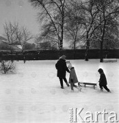 02.01.1968, Warszawa, Polska.
Centrum miasta zimą - dzieci z sankami. W oddali widoczne są budynki i ośnieżone drzewa.
Fot. Jarosław Tarań, zbiory Ośrodka KARTA