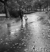 Październik 1968, Warszawa, Polska.
Warszawski park jesienią. Alejką, pokrytą liśćmi spadającymi z drzew, spaceruje kobieta z dzieckiem.
Fot. Jarosław Tarań, zbiory Ośrodka KARTA