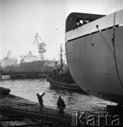 03.02.1968, Gdańsk, Polska.
Stocznia Gdańska im. Lenina - wodowanie nowoczesnego trawlera B-26 dla ZSRR. Rufa trawlera, w tle podpływający holownik.
Fot. Jarosław Tarań, zbiory Ośrodka KARTA