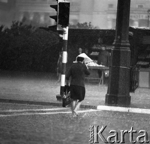 25.08.1968, Warszawa, Polska.
Ulewa w Śródmieściu. Kobieta przechodząca w deszczu przez przejście dla pieszych.
Fot. Jarosław Tarań, zbiory Ośrodka KARTA
