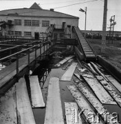 07.11.1968, Hajnówka, woj. Białystok, Polska.
Zakład Przemysłu Drzewnego w Hajnówce, pracownicy nadzorujący spław drewnianych bali.
Fot. Jarosław Tarań, zbiory Ośrodka KARTA
