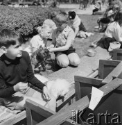 1968, Warszawa, Polska.
Wystawa psów. Na pierwszym planie dzieci ze swoimi pupilami.
Fot. Jarosław Tarań, zbiory Ośrodka KARTA