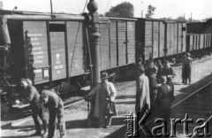 6.09.1939, Siedlce, Polska.
Pociąg na stacji kolejowej, ewakuacja pracowników urzędów państwowych i ich rodzin na wschód.
Fot. Bolesław Pełczyński, zbiory Ośrodka KARTA, album rodzinny udostępnił Włodzimierz Pełczyński.

