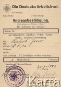 21.01.1942, Niemcy.
Zaświadczenie z Niemieckiego Frontu Pracy o przyjęciu wniosku o pomoc, złożonego przez Hellę Joost po śmierci, na froncie wschodnim, męża Herberta Joosta.
Fot. NN, zbiory Ośrodka KARTA, dokumenty z kolekcji Herberta Joosta udostępnił Krzysztof Kuczyński.

