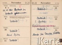 1942, Hamburg, Niemcy.
Kalendarzyk Helli Joost, zawierający m.in. spis wysyłanej do męża i otrzymywanej od niego korespondencji; w 1942 roku Herbert Joost przebywał na froncie wschodnim, w dniach 8-29 listopada był na urlopie w domu, zginął po powrocie z urlopu w grudniu 1942 lub na początku stycznia 1943 r.
Fot. NN, zbiory Ośrodka KARTA, dokumenty z kolekcji Herberta Joosta udostępnił Krzysztof Kuczyński.

