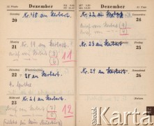 1942, Hamburg, Niemcy.
Kalendarzyk Helli Joost, zawierający m.in. spis wysyłanej do męża i otrzymywanej od niego korespondencji; w 1942 roku Herbert Joost przebywał na froncie wschodnim, w dniach 8-29 listopada był na urlopie w domu, zginął po powrocie z urlopu w grudniu 1942 lub na początku stycznia 1943 r.
Fot. NN, zbiory Ośrodka KARTA, dokumenty z kolekcji Herberta Joosta udostępnił Krzysztof Kuczyński.

