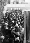 14.12.1981, Gdańsk, Polska.
Wprowadzenie stanu wojennego - mieszkańcy Gdańska i rodziny robotników Stoczni Gdańskiej, zgromadzeni pod Bramą nr 2 w czasie trwania strajku okupacyjnego w Stoczni przeciwko wprowadzeniu stanu wojennego. Zdjęcie wykorzystane w niezależnej publikacji - zbiorze zdjeć z Gdańska z okresu stanu wojennego - nierozpoznanej oficyny wydawnicznej.
Fot. NN, zbiory Ośrodka KARTA
