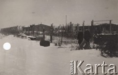 28.02.1947, Kostrzyn nad Odrą, woj. szczecińskie, Polska.
Ruiny obozu jenieckiego, zasieki z drutu kolczastego.
Fot. NN, zbiory Ośrodka KARTA
