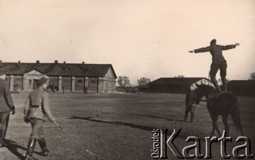 1937-1938, Zambrów, Polska.
Mazowiecka Szkoła Podchorążych Rezerwy Artylerii im. gen. Józefa Bema. Woltyżerka na placu ćwiczeń.
Fot. NN, zbiory Ośrodka KARTA, Pogotowie Archiwalne [PAF_012] , udostępnił Michał Zdrojewski