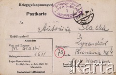 26.11.1944, Mannheim, III Rzesza Niemiecka.
Kartka pocztowa wysłana przez więźnia obozu jenieckiego Marcelego Ślaskiego do rodziny.
Fot. NN, zbiory Ośrodka KARTA, zdjęcia z kolekcji Marcelego Ślaskiego udostępniła Barbara Gleb

