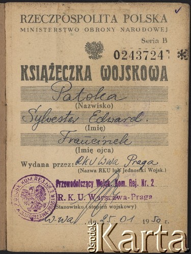 25.01.1950, Warszawa, Polska.
Książeczka wojskowa Sylwestra Patoki.
Fot. zbiory Ośrodka KARTA, kolekcję Sylwestra Patoki, udostępnił Piotr Trąbiński
   
