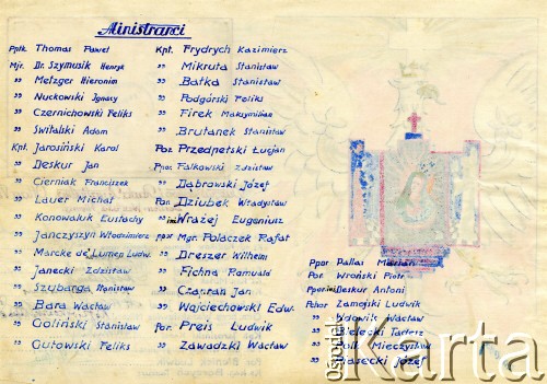 1941-1942, Dorsten, III Rzesza Niemiecka.
Obóz jeniecki oficerów Wojska Polskiego. Rewers karty  duszpasterstwa i obozowej Rady Parafialnej z imiennym spisem ministrantów.
Fot. zbiory Ośrodka KARTA, Pogotowie Archiwalne [PA_024], przekazali Dorota i Tomasz Wojciechowscy