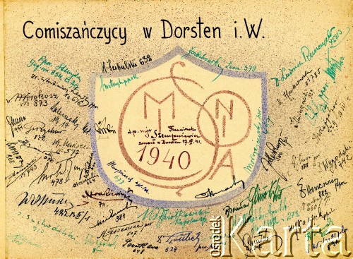 1941-1942, Dorsten, III Rzesza Niemiecka.
Obóz jeniecki oficerów Wojska Polskiego. Koleżeńskie wpisy żołnierzy wspólnie internowanych w Comisani na terenie Rumunii w 1940 r. 
Fot. zbiory Ośrodka KARTA, Pogotowie Archiwalne [PA_024], przekazali Dorota i Tomasz Wojciechowscy