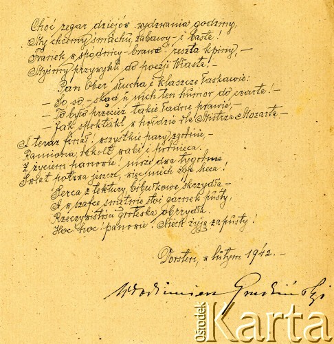 Luty 1942, Dorsten, III Rzesza Niemiecka.
Obóz jeniecki oficerów Wojska Polskiego, twórczość okolicznościowa jeńców. Rewers strony. 
Fot. zbiory Ośrodka KARTA, Pogotowie Archiwalne [PA_024], przekazali Dorota i Tomasz Wojciechowscy