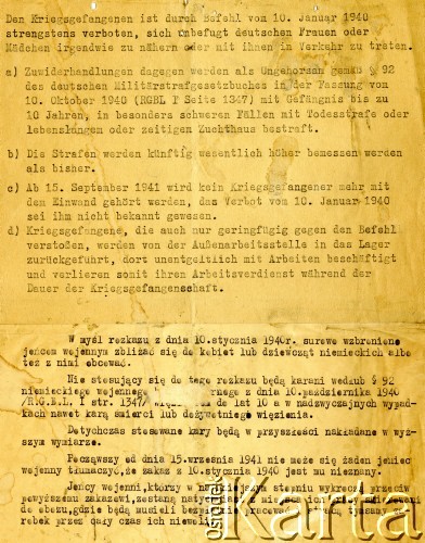 1941, Dorsten, III Rzesza Niemiecka.
Obóz jeniecki oficerów Wojska Polskiego. Ulotka informacyjna na temat zakazu jakichkolwiek kontaków jeńców z kobietami niemieckimi.  
Fot. zbiory Ośrodka KARTA, Pogotowie Archiwalne [PA_024], przekazali Dorota i Tomasz Wojciechowscy