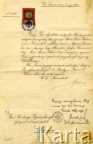02.05.1904, Lwów, Galicja, Austro-Węgry.
Dokument przyznania obywatelstwa austriackiego Anastazemu Lipińskiemu i jego rodzinie.
Fot. NN, zbiory Ośrodka KARTA, Pogotowie Archiwalne [PA_033], przekazał Piotr Balcer

