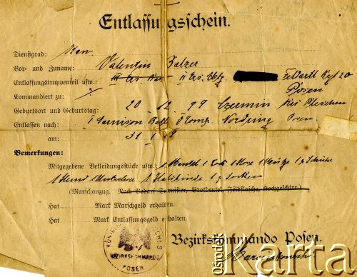 31.01.1919, Poznań.
Niemieckojęzyczna karta wypisowa Walentego Balcera dotycząca jego przemieszczenia wydana przez komendanta dzielnicowego miasta Poznań.
Fot. NN, zbiory Ośrodka KARTA, Pogotowie Archiwalne [PA_033], udostępnił Piotr Balcer