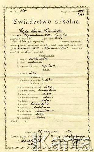 28.06.1924, Śmigiel, woj. poznańskie, Polska.
Świadectwo ukończenia klasy szóstej szkoły powszechnej w Śmiglu przez Irenę Ciecińską. Uczennica wykazała się m.in.: bardzo dobrymi obyczajami, wytrwałą pilnością i regularnym uczęszczaniem do szkoły.
Fot. NN, zbiory Ośrodka KARTA, Pogotowie Archiwalne (PA_033), udostępnił Piotr Balcer