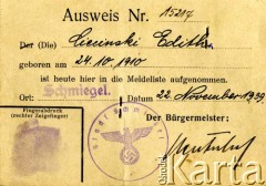22.11.1939, Śmigiel, III Rzesza Niemiecka.
Dowód osobisty ważny na terenach anektowanych przez III Rzeszę.
Fot. NN, zbiory Ośrodka KARTA, Pogotowie Archiwalne (PA_033), udostępnił Piotr Balcer