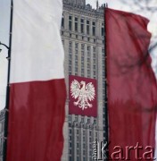 1.05.1979, Warszawa, Polska.
Obchody Święta Pracy. Pałac Kultury i Nauki z okolicznościowymi dekoracjami i transparentami.
Fot. Edward Grochowicz zbiory Ośrodka KARTA