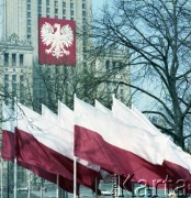 1.05.1979, Warszawa, Polska.
Obchody Święta Pracy. Pałac Kultury i Nauki z okolicznościowymi dekoracjami.
Fot. Edward Grochowicz zbiory Ośrodka KARTA