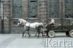 1985, dzielnica Janów-Nikiszowiec, Katowice, Polska. 
Zabytkowe górnicze osiedle Nikiszowiec. Drewniany wóz zaprzężony w konie na ulicy. 
Fot. Edward Grochowicz, zbiory Ośrodka KARTA.