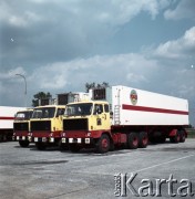 Po 1972, prawdopodobnie Błonie, woj. mazowieckie, Polska.
Fotografia reklamowa dla Przedsiębiorstwa Międzynarodowych Przewozów Samochodowych PEKAES - ciężarówki typu TIR na parkingu w bazie przedsiębiorstwa w Błoniu pod Warszawą.
Fot. Edward Grochowicz, zbiory Ośrodka KARTA.