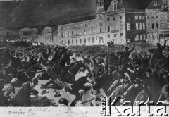 Ok.1906, Warszawa, Królestwo Polskie, Cesarstwo Rosyjskie.
Rysunek-pocztówka, przedstawiający szarżę kozacką przeciwko manifestacji patriotycznej w Warszawie. Pod rysunkiem podpis: 