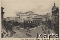 Przed 1914, Warszawa, Królestwo Polskie, Cesarstwo Rosyjskie., Królestwo Polskie, Cesarstwo Rosyjskie.
Tramwaje i dorożki na Placu Teatralnym, w tle Teatr Wielki.
Fot. NN, zbiory Ośrodka KARTA
 
