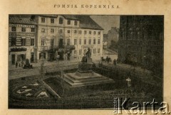 Przed 1914, Warszawa, Królestwo Polskie, Cesarstwo Rosyjskie.
Pomnik Kopernika. Po prawej stronie Pałac Staszica, po lewej Pałac Karasia. 
Album ze zdjęciami i reklamami 