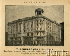 Przed 1914, Warszawa, Królestwo Polskie, Cesarstwo Rosyjskie.
Hotel Bristol u zbiegu ulic Karowej i Krakowskiego Przedmieścia. 
Album ze zdjęciami i reklamami 