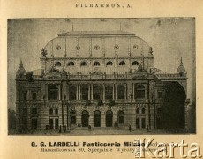 Przed 1914, Warszawa, Królestwo Polskie, Cesarstwo Rosyjskie.
Gmach Filharmonii przy ulicy Jasnej. 
Album ze zdjęciami i reklamami 